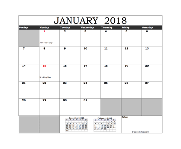 Free 2018 Excel Calendar with US Holidays