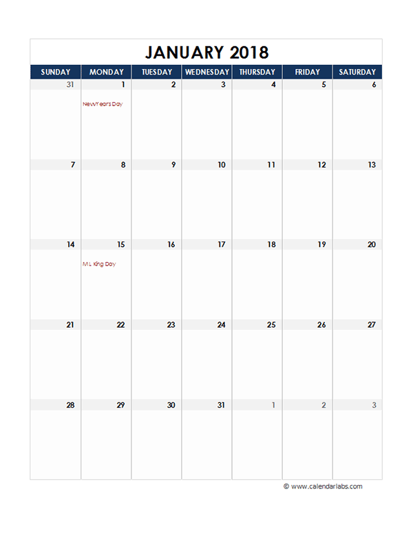 2018 Monthly Calendar Template Printable