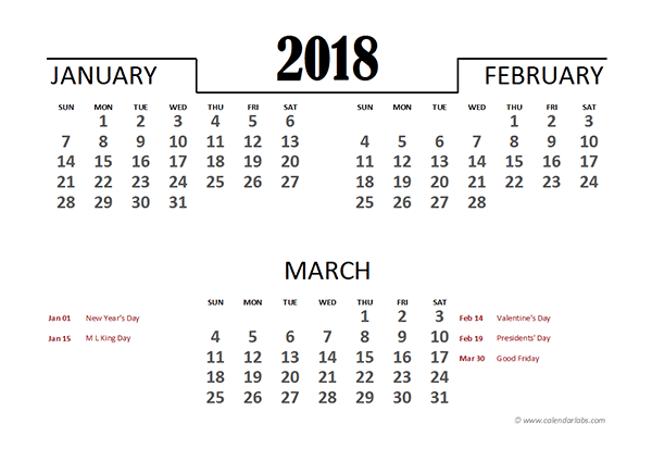 2018 Excel Quarterly Calendar Template