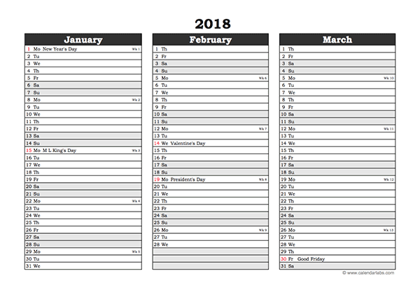 Editable 2018 Excel Three Month Calendar