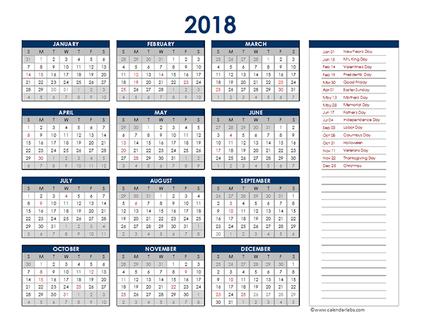 Annual Calendar 2018 Template