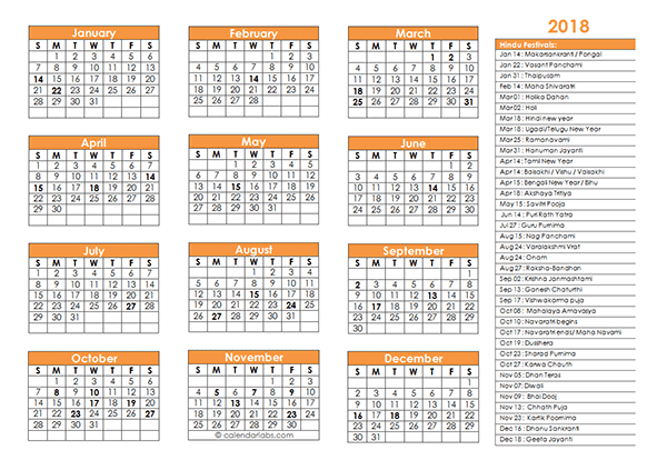 2018 Hindu Festivals Calendar Template