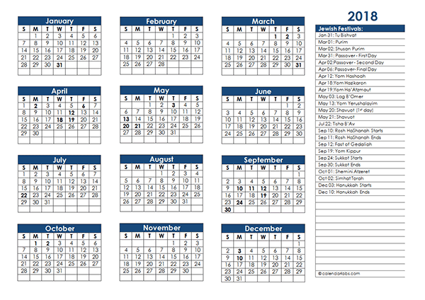 2018 Jewish Festivals Calendar Template Free Printable Templates