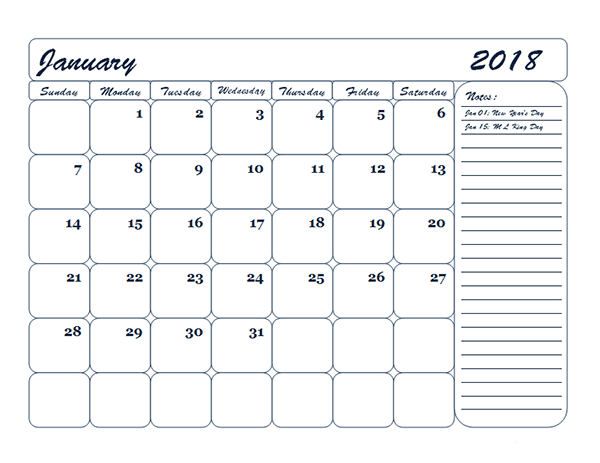 2018 Monthly Blank Calendar Template