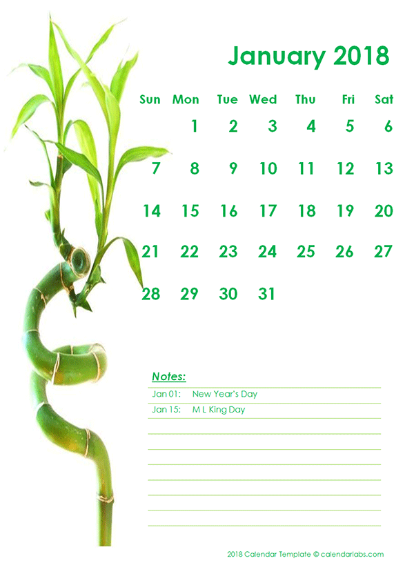 2018 Monthly Calendar Template Green Design