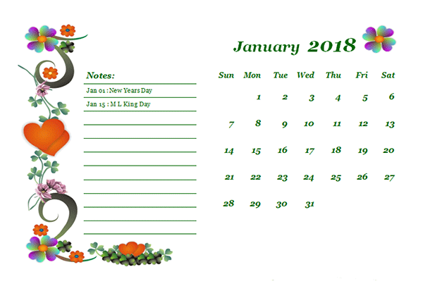 2018 Monthly Calendar Template Design