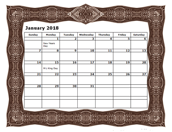 2018 Monthly Calendar Template with Frame Design