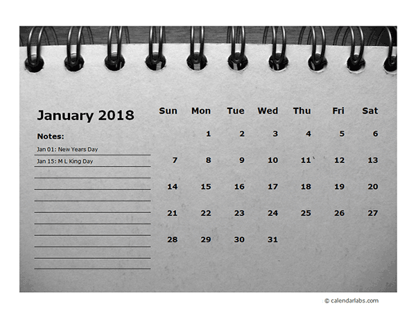 2018 Monthly Calendar Template Room for Notes