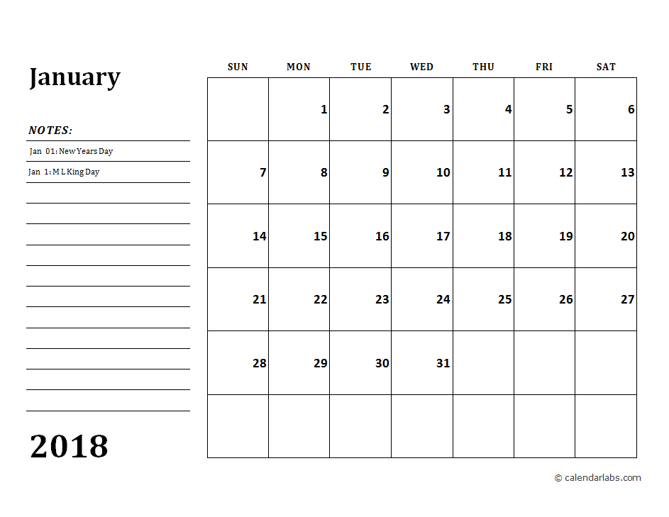 2018 Monthly Calendar Printable