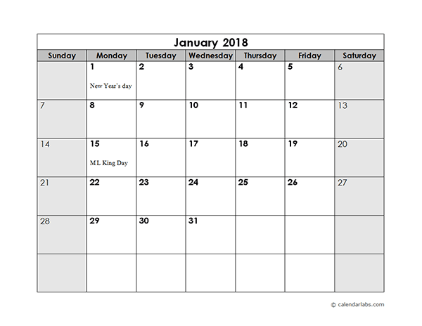 2018 Monthly Calendar With Us Holidays Free Printable Templates