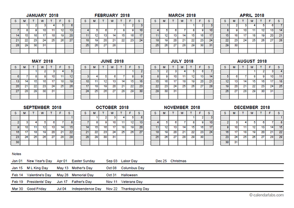 2018 PDF Yearly Calendar With Holidays