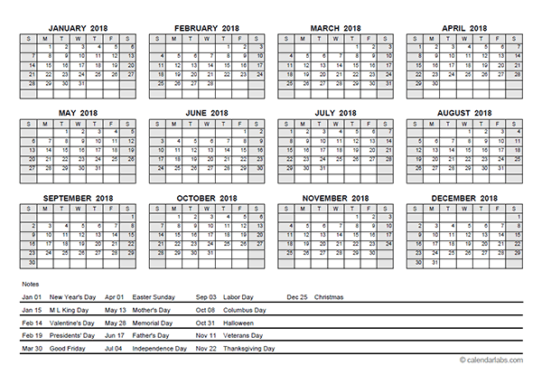 2018 PDF Yearly Calendar With Holidays Free Printable