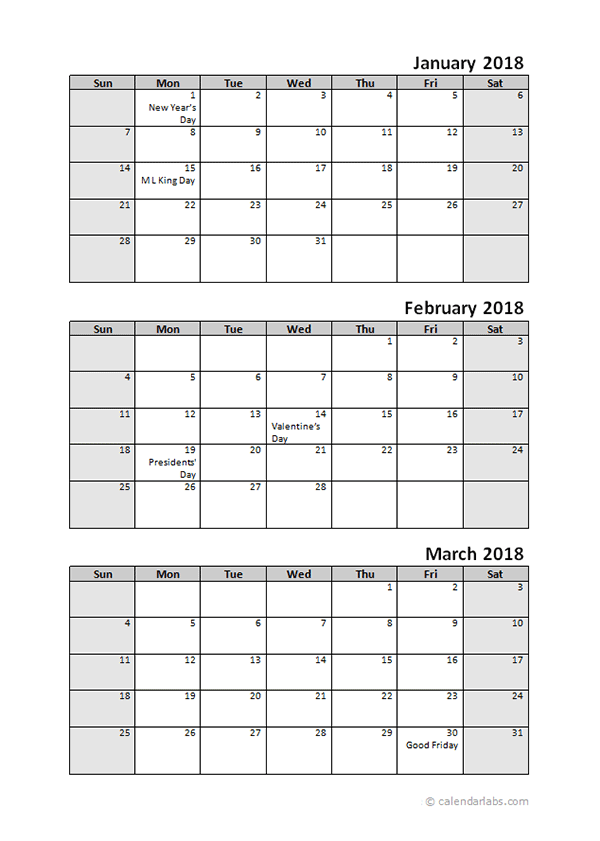 2018 Quarterly Calendar With Holidays