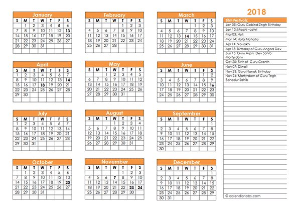 2018 Sikh Festivals Calendar Template