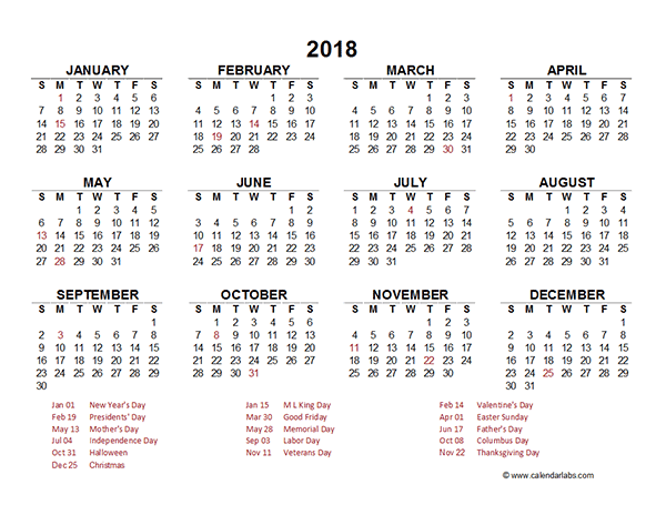 Yearly Calendar 2018 Template