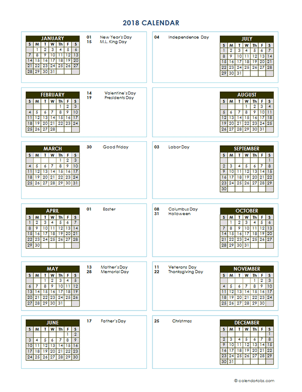 2018 Yearly Calendar Template Vertical Design