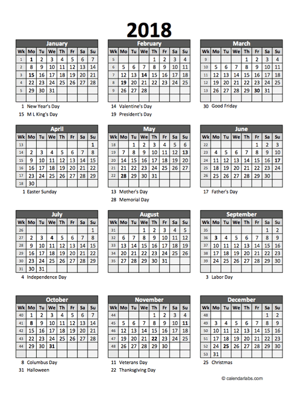 Editable 2018 Yearly Spreadsheet Calendar