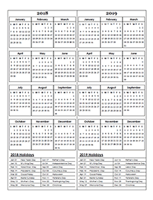 Two Year calendar Template 2018 and 2019