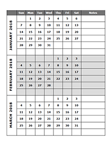 2018 quarterly calendar template