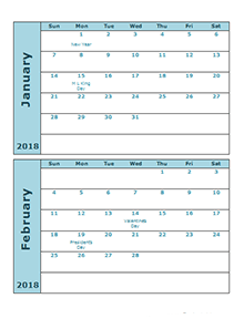 2018 calendar two months per page
