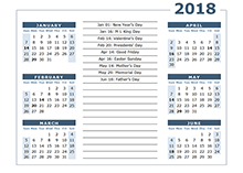 2018 Calendar Template 6 Months Per Page