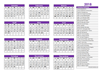 2018 Christian Festivals Calendar Template