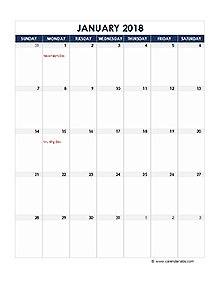 2018 Excel Monthly Calendar Template