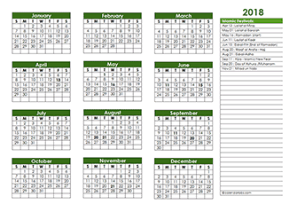 2018 Islamic Festivals Calendar Template