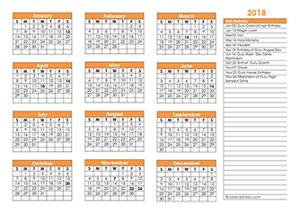 2018 Sikh Festivals Calendar Template