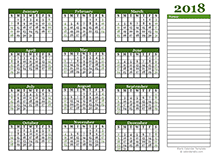 2018 Yearly Calendar With Blank Notes