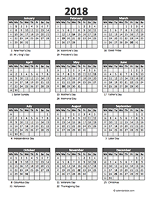 Editable 2018 Yearly Spreadsheet Calendar