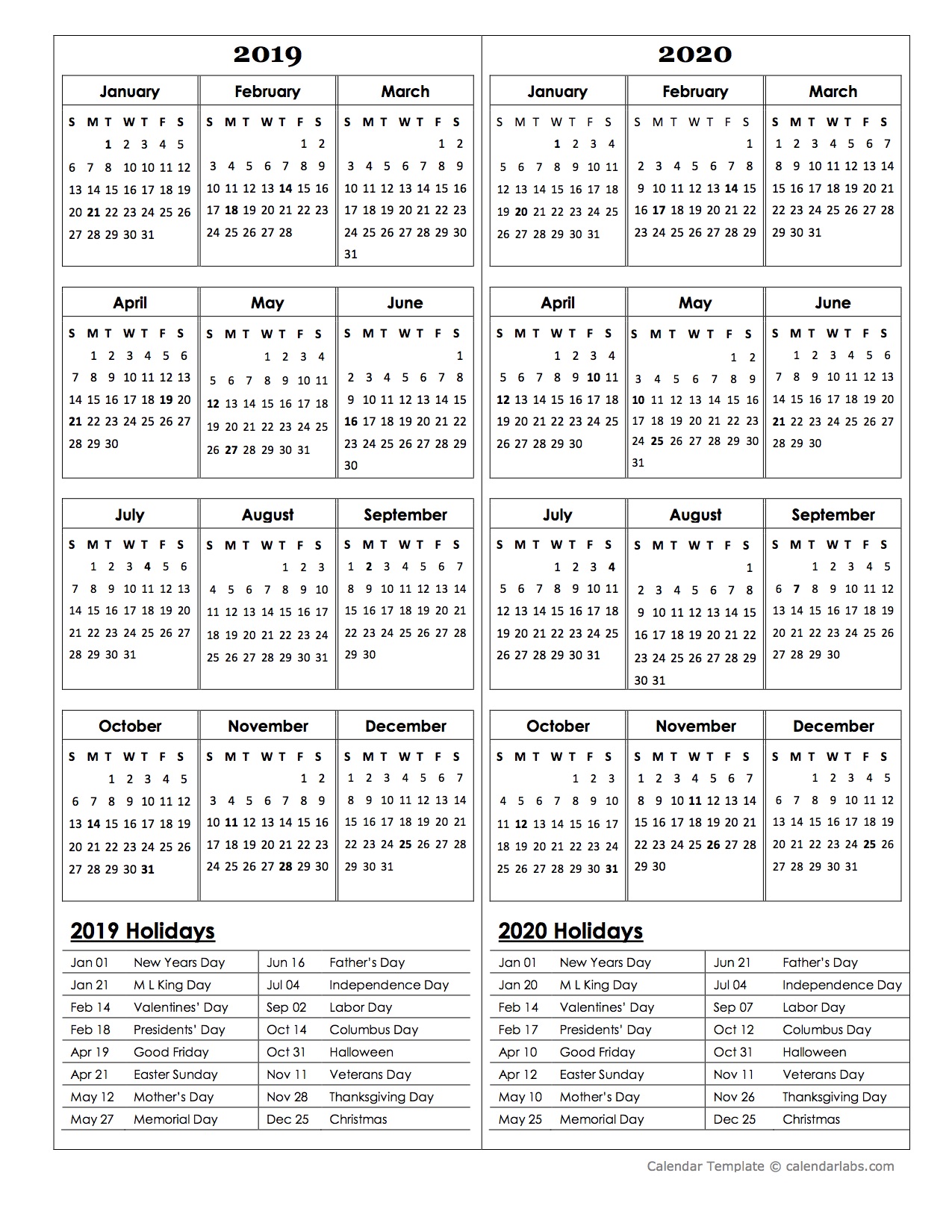 Two Year Calendar Template 2019 And 2020 Free Printable