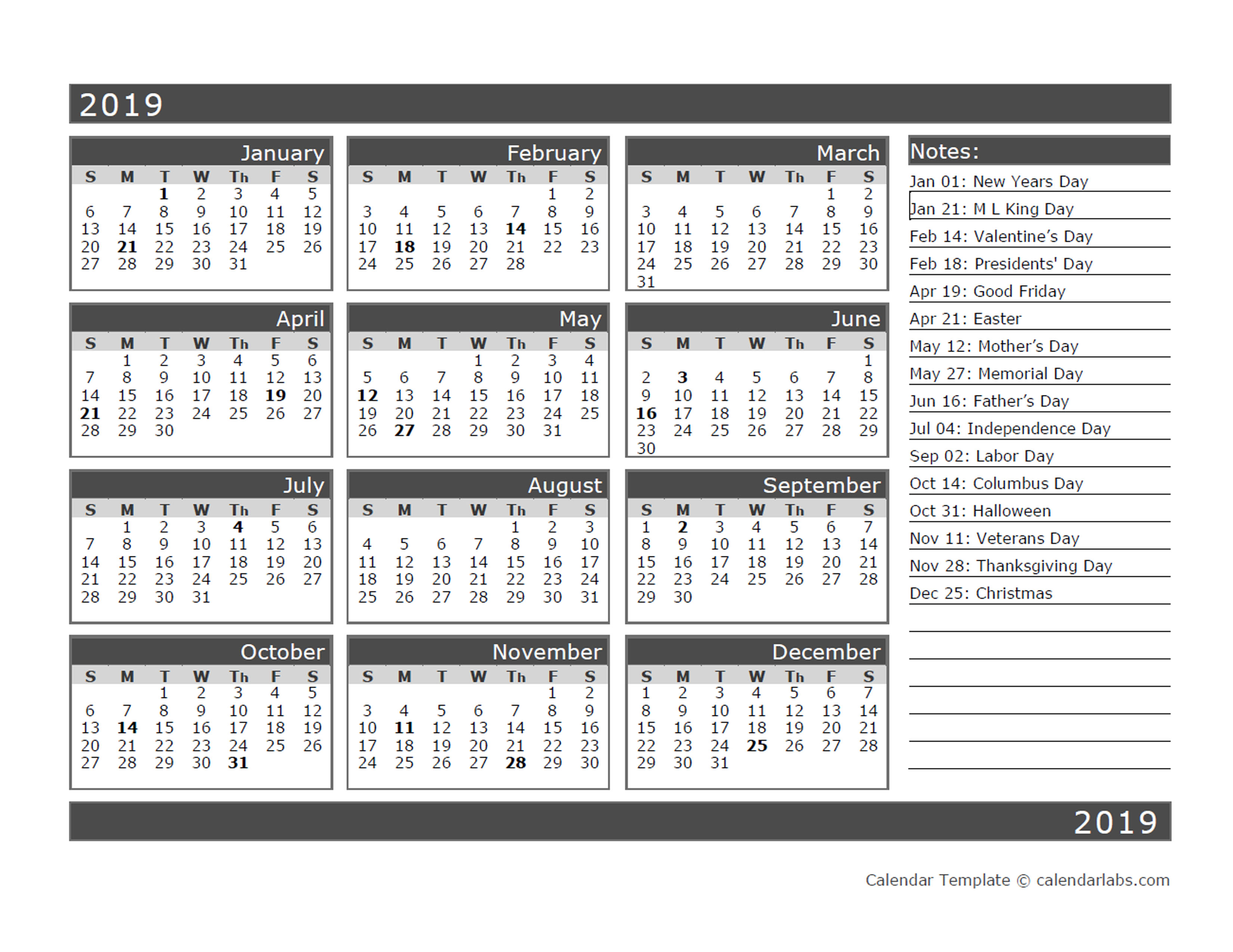 12-Month One Page Calendar Template for 2019 - Free ...