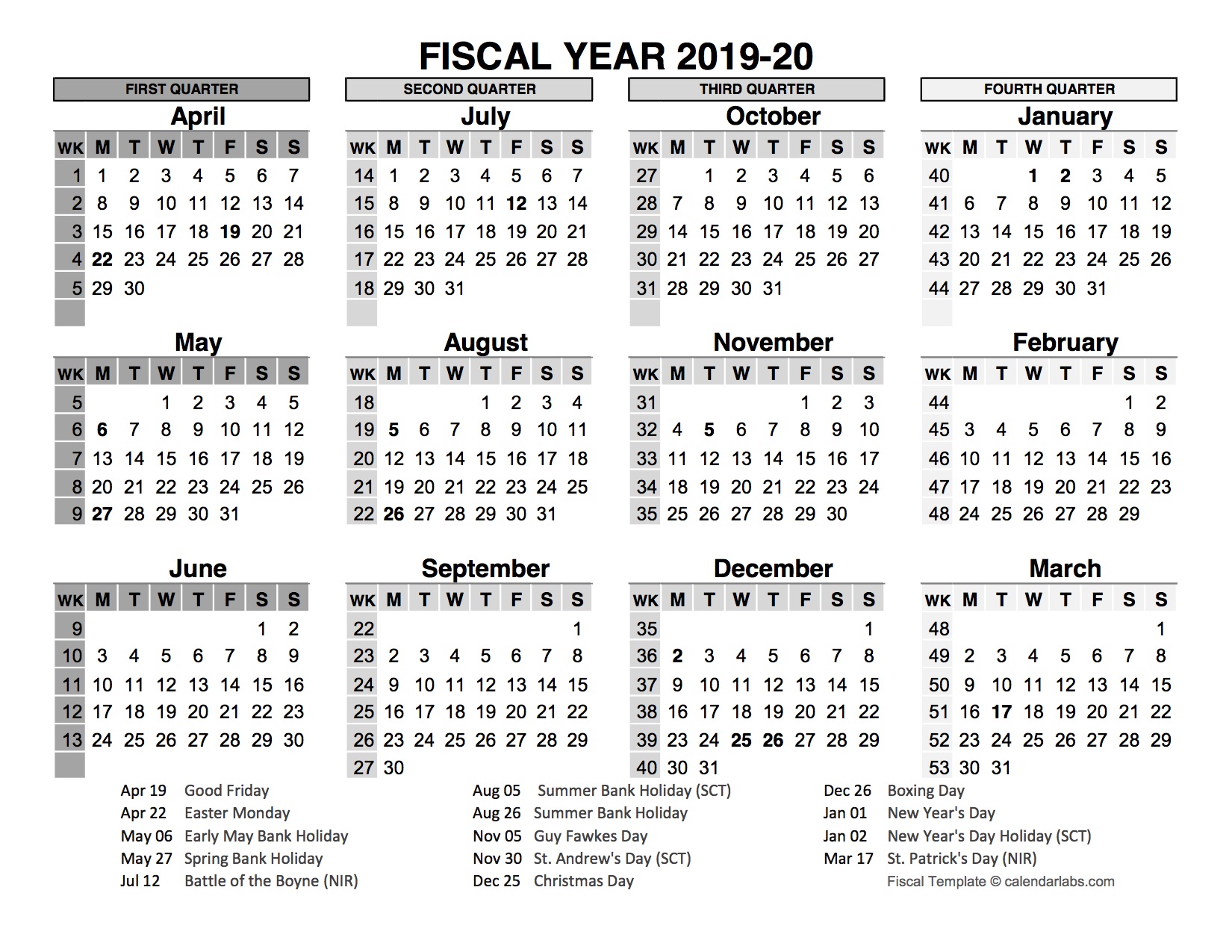 2019 2020 Fiscal Calendar UK Template Free Printable