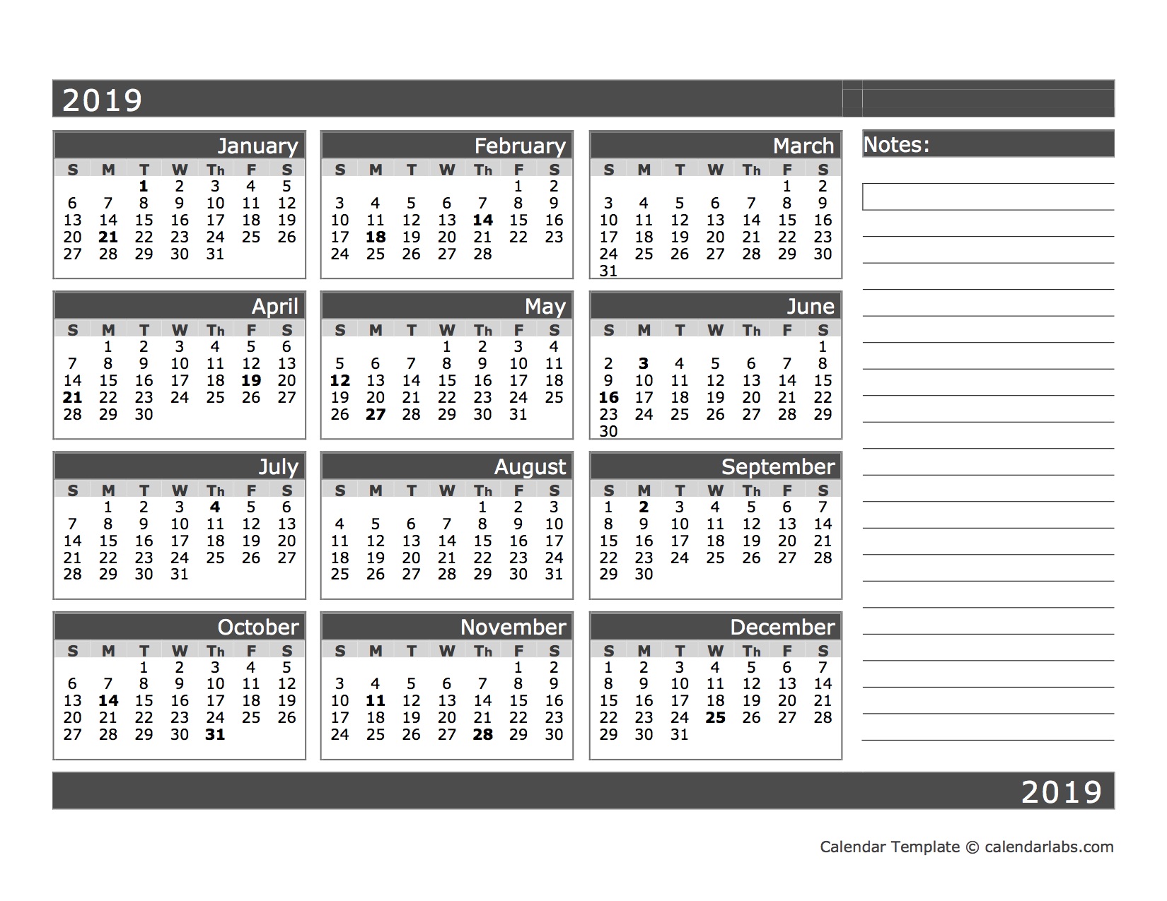 2019 Blank 12 Month Calendar in One Page Free Printable Templates