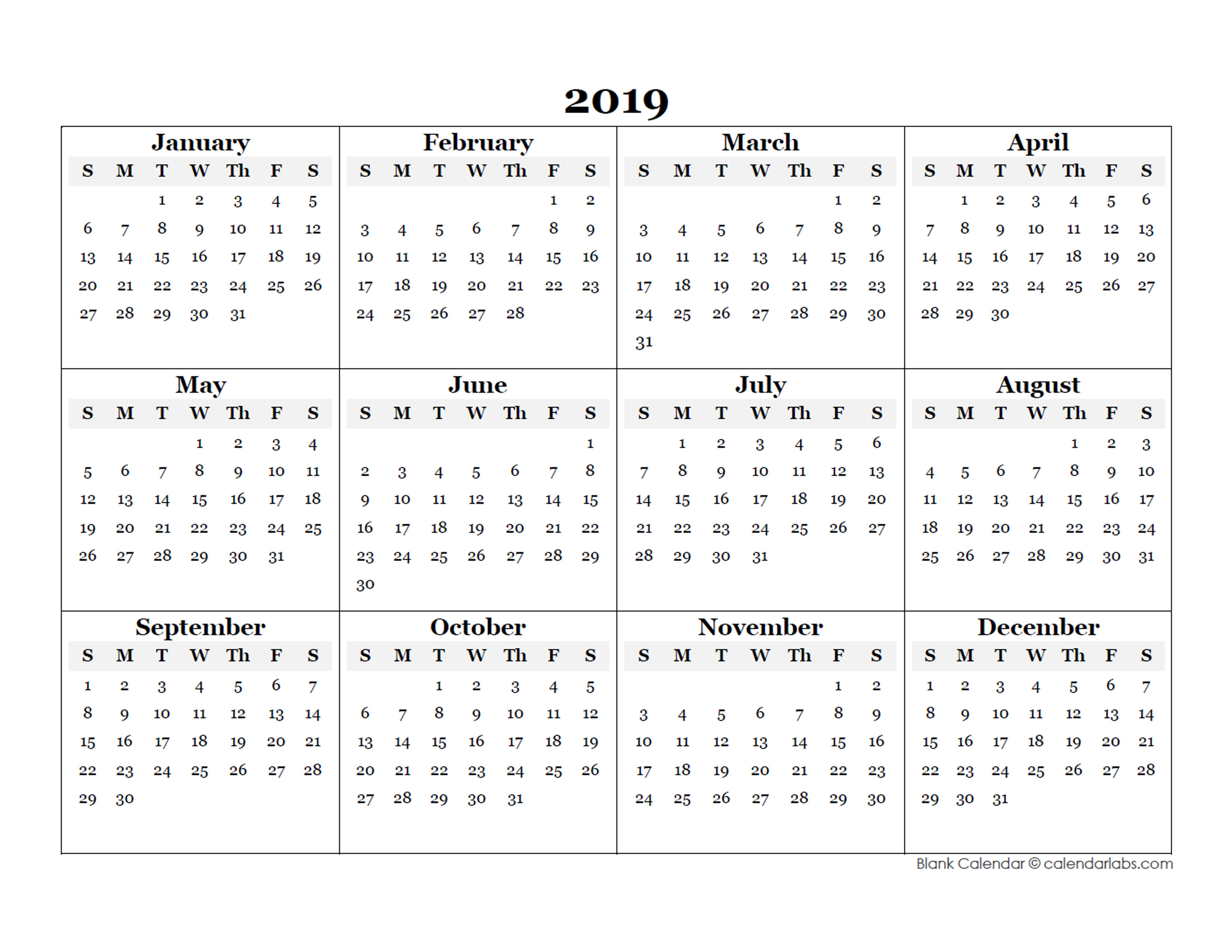 2019 Yearly Calendar Printable - Printable Templates