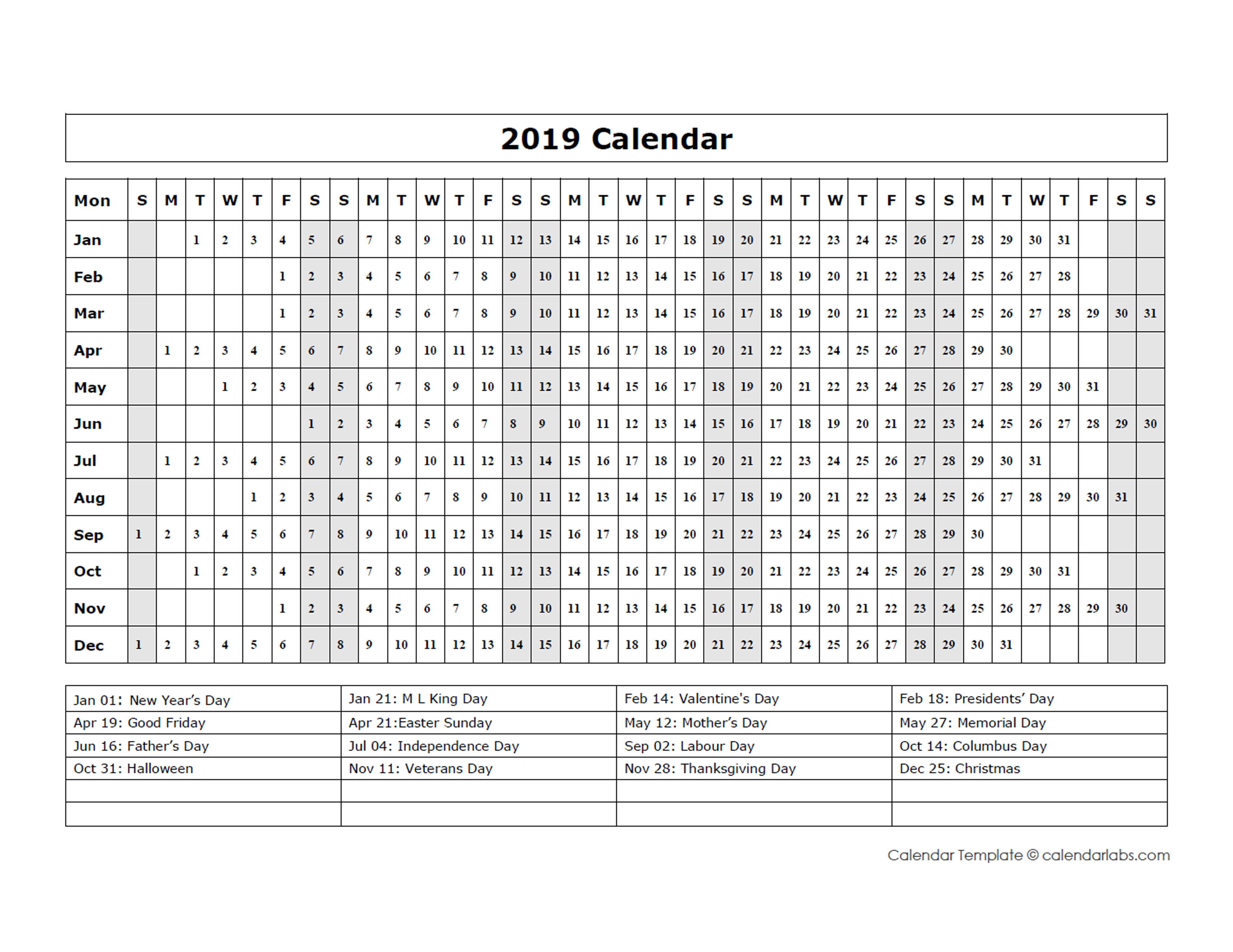 2019 Calendar Template Year At A Glance Free Printable