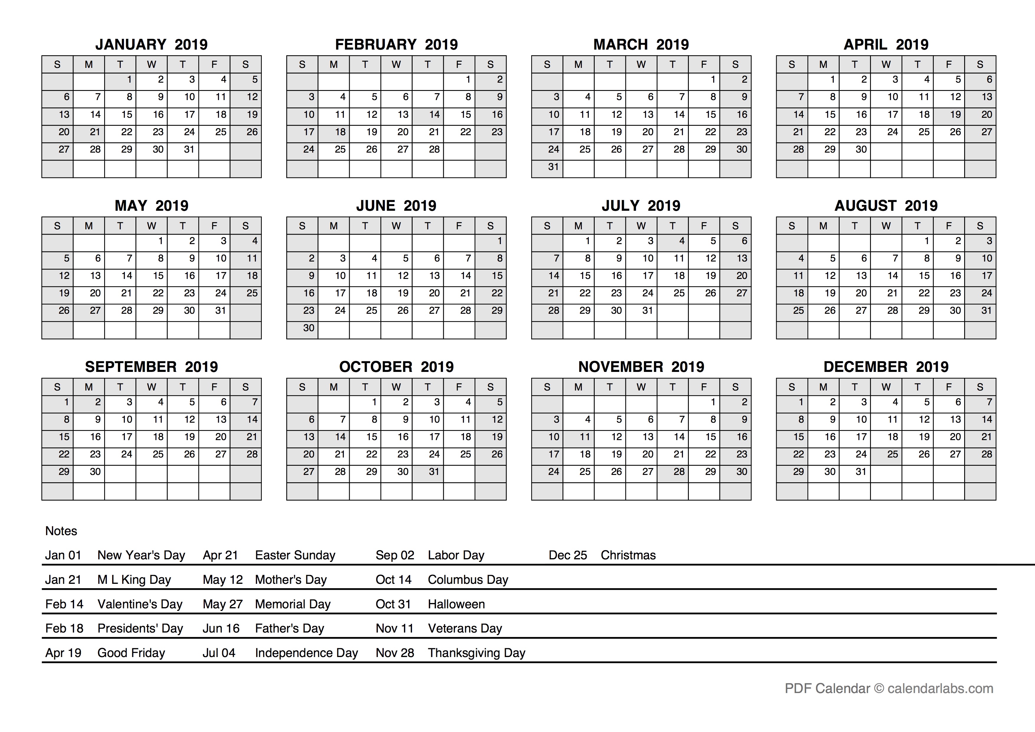 2019 Pdf Yearly Calendar With Holidays Free Printable Templates