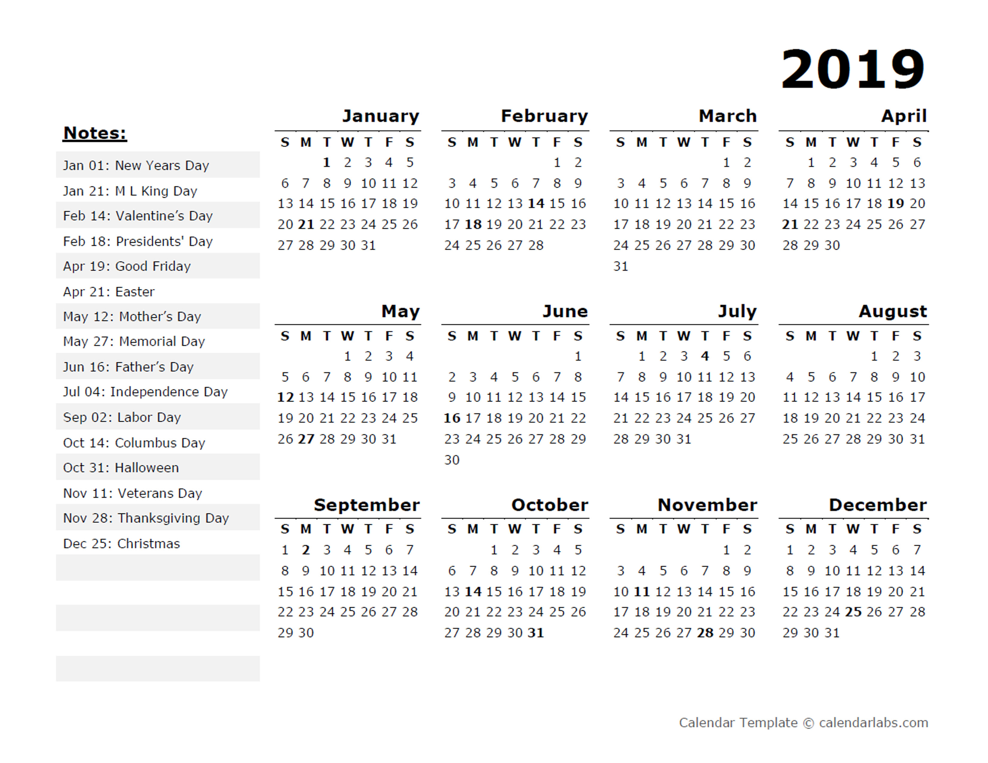 2019 Year Calendar Template With US Holidays Free