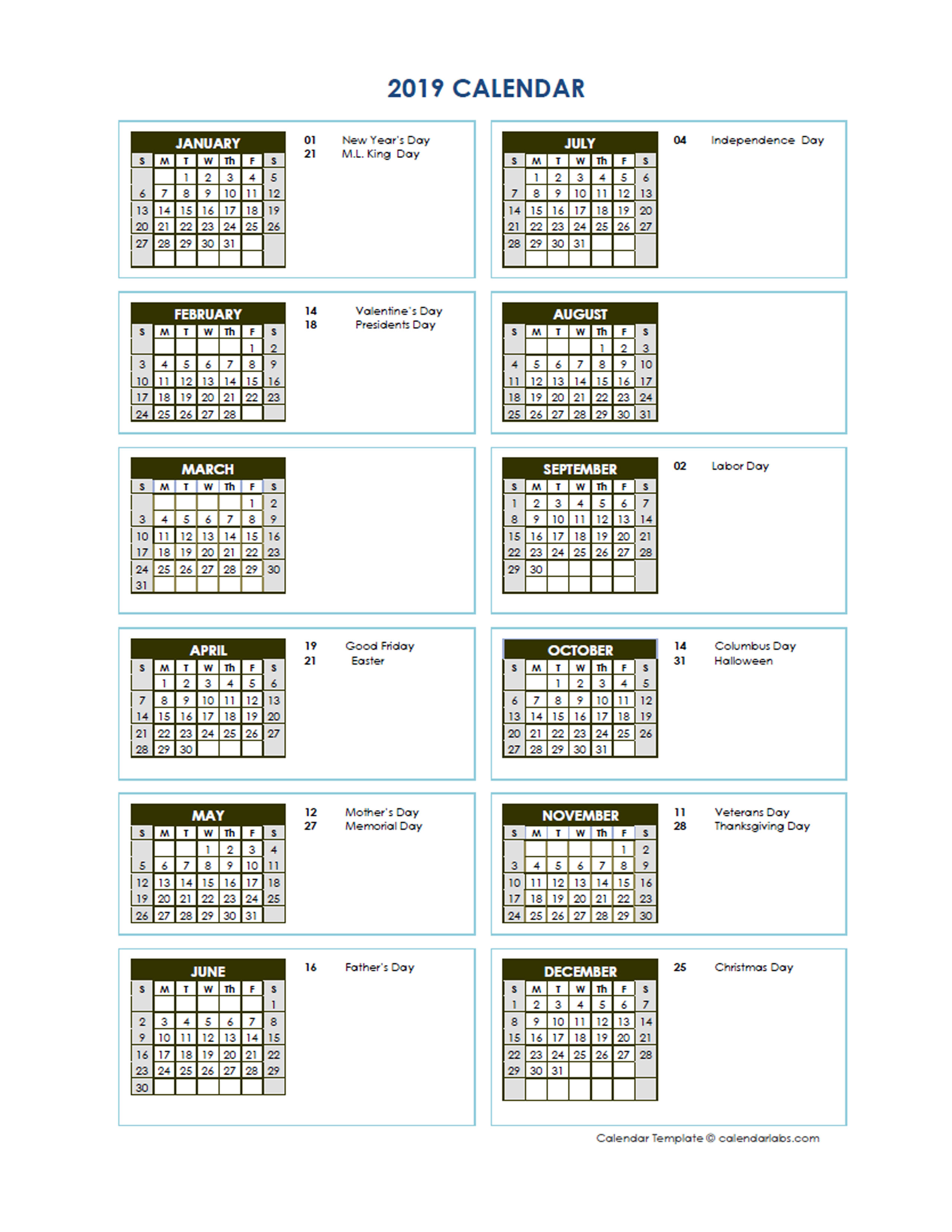 2019 full year calendar vertical template free printable quarterly calendars 2020