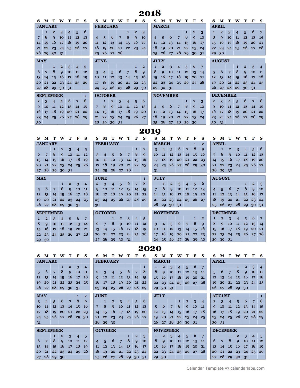 Three Year Calendar Template 2018 To 2020 Free Printable