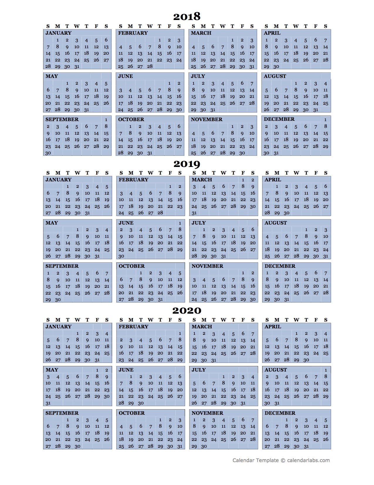Three Year Calendar Template 2018 To 2020 Free Printable