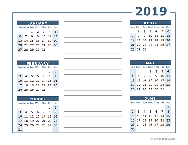 Blank Two Page Calendar Template for 2019