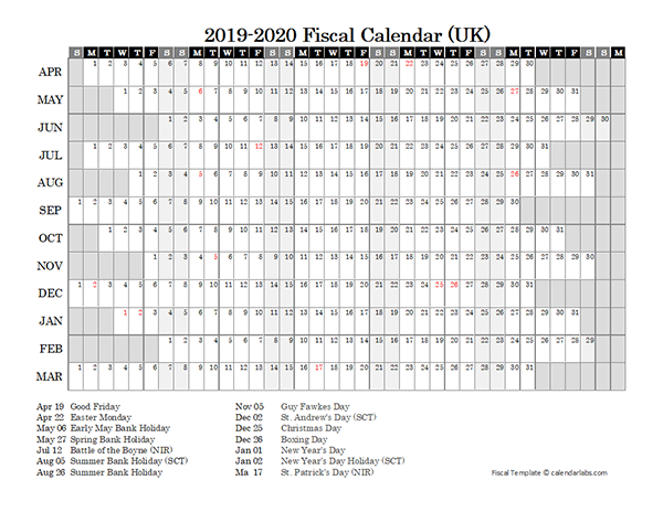 2019 Fiscal Year Calendar