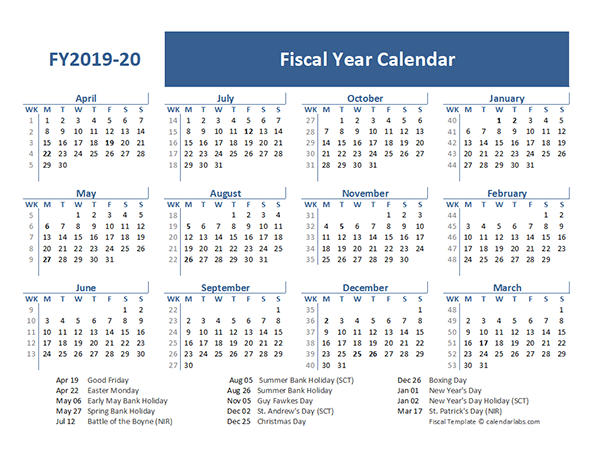 2019 Fiscal Year Calendar Template UK