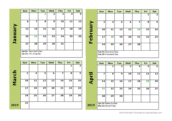 4 Month Calendar Template