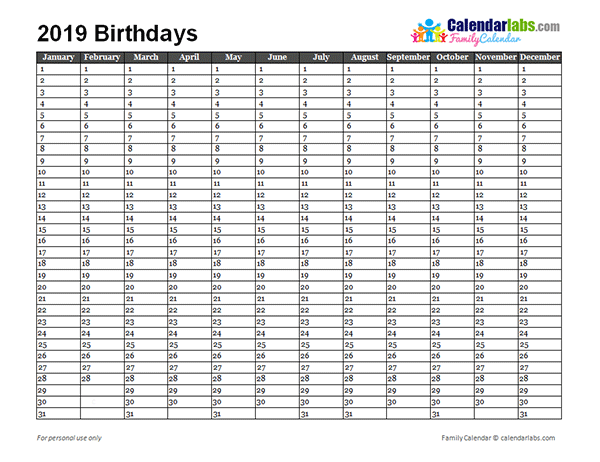 2019 Birthday Calendar Template