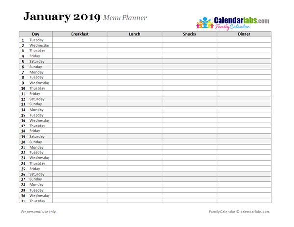 2019 Monthly Menu Planner