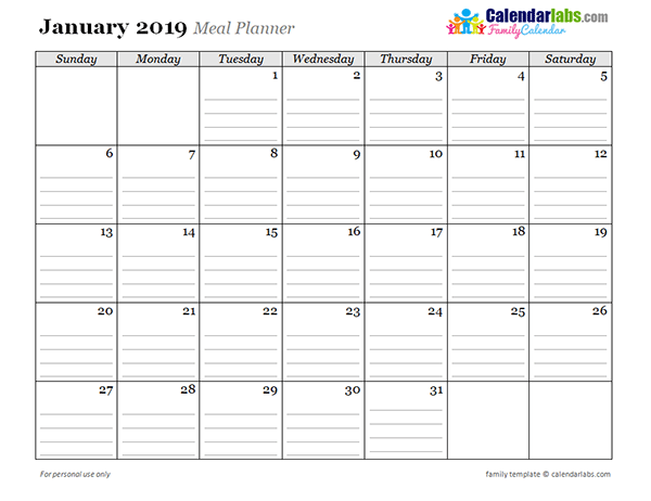 2019 Monthly Menu Planner