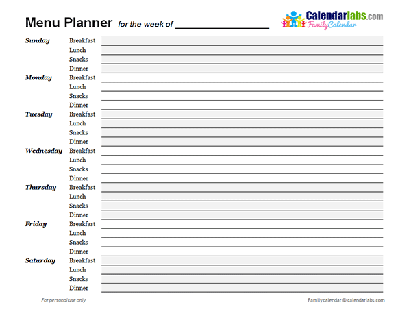 Printable Weekly Menu Planner Template